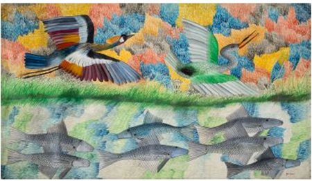 PILI PILI MULONGOY (1914- 2007) Grue, héron volant et poissons Technique...