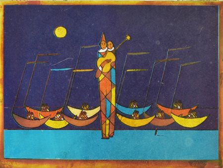 Walter Pozzi REGATA D'INNAMORATI multiplo su lastra oro e argento, cm 20x25;...