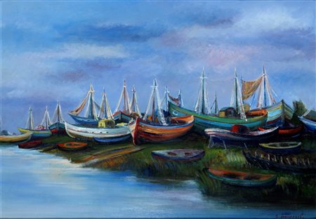 Giovanni Omiccioli (Roma 1901-1975)  - Barche a Fiumicino