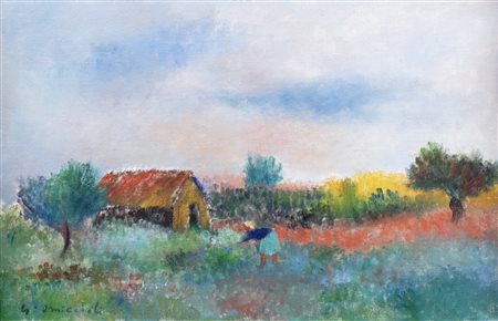 Giovanni Omiccioli (Roma 1901-1975)  - Casetta rossa nell'orto