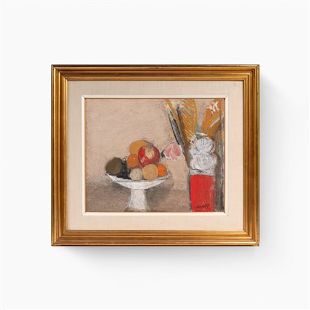 Bruno Saetti, Fiori nel vaso rosso e frutta