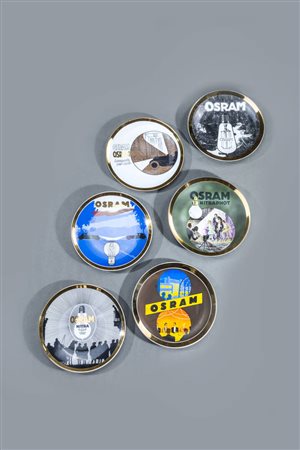 PIERO FORNASETTI<BR>Milano 1913 - 1988<BR>Sei piatti della serie Lampade d'epoca