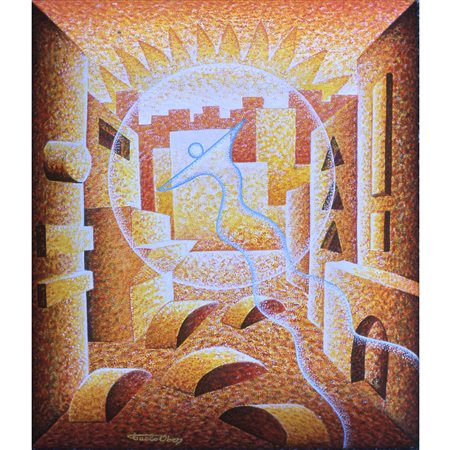 PAOLO OBER UN BUON GIORNO ACRILICI SU TAVOLA 36X41 COMPRESO CORNICE DIPINTA