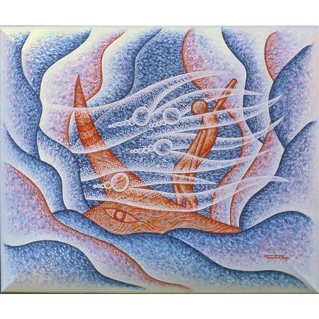 PAOLO OBER IL CANTO DELLE SIRENE ACRILICI SU TAVOLA 54.5 X46 COMPRESO CORNICE DIPINTA