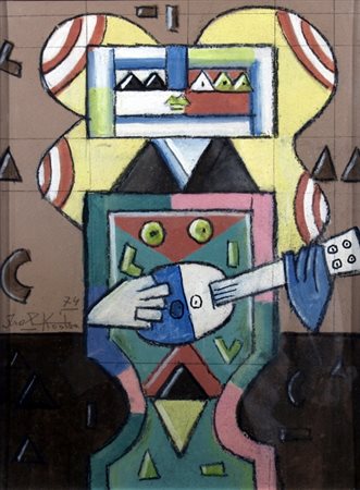 KODRA IBRAHIM (Tirana 1918 - Milano 2006) "Suonatore di mandolino" 1974 Olio...