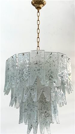 Lampada a sospensione a sette luci, struttura in ottone e pendenti in vetro sab