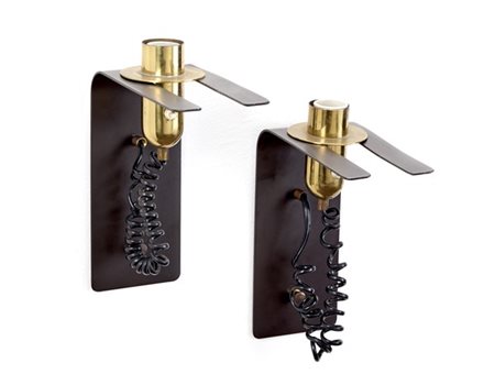 Coppia di lampade da parete in alluminio verniciato marrone, portalampada in ot