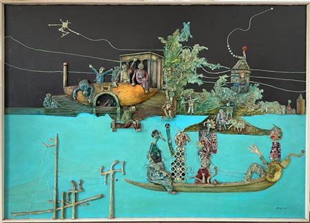 Mario Persico "Verso L'isola dei Folli" 1980
tecnica mista e collage materico su