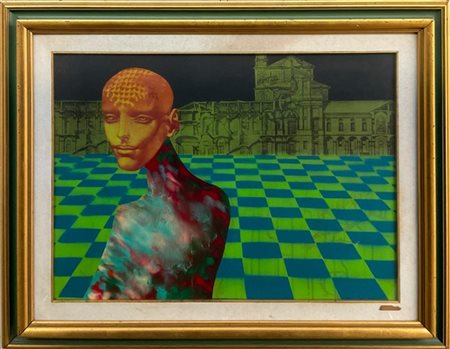 Firma indecifrata "Solitudine V" 1974, acrilico su tela (cm 60x80) firmato in b