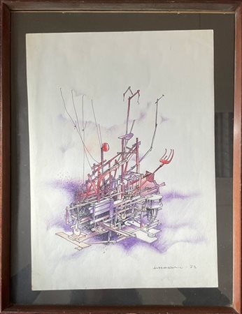 Firma indecifrata "Senza titolo" 1973, china e matite colorate su carta
cm 34x2