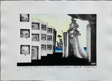 Emanuele Luzzati "Il turco in Italia" 1984
acquaforte e acquatinta
(lastra cm 35