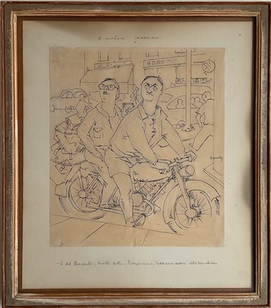 Giuseppe Novello "A motore acceso" 
disegno a china su carta applicato su carton
