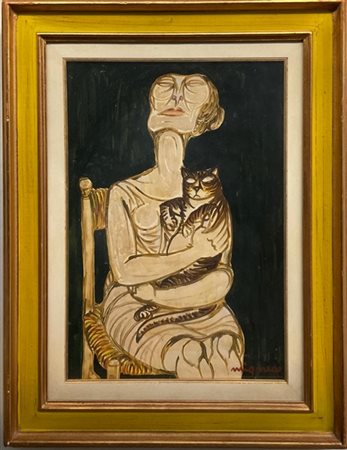 Giuseppe Migneco "Donna col gatto" 
tecnica mista su carta intelata
cm 48x33
fir