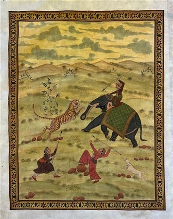 Manifattura indiana, secolo XIX. "Scena di caccia alla tigre con elefante" dipi