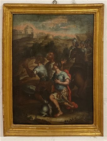 Scuola del XVIII secolo, Scena religiosa con soldati, olio su tela (cm 56x44) I