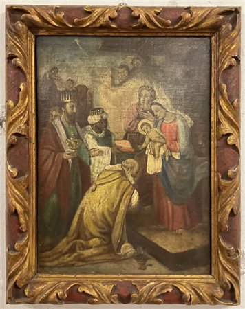 Ignoto, antico dipinto ad olio su tela raffigurante l'Adorazione dei Magi (cm 4