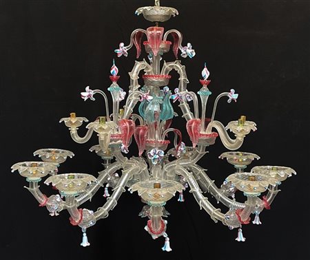 Manifattura di Murano, lampadario in vetro policromo a quindici luci a due ordi