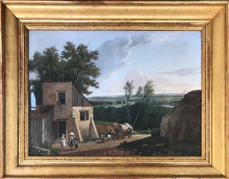 Ignoto di fine XIX secolo, "Paesaggio con figure" gouache su carta applicata a