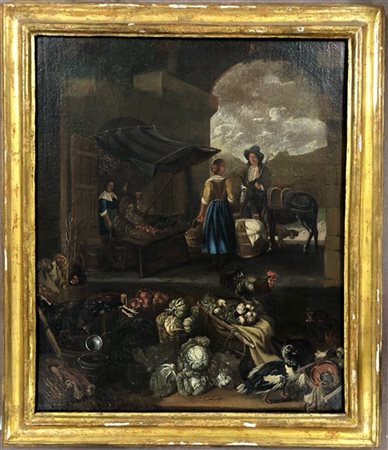 Bambocciante attivo in Italia nel secolo XVII

 "Scena di mercato" olio su tela