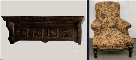 Lotto composto da una poltrona in legno tinto con gambe anteriori tornite, unit