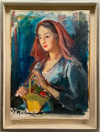 Contardo Barbieri "Donna con cesto di frutta" olio su tela (cm 35x25) Firmato in