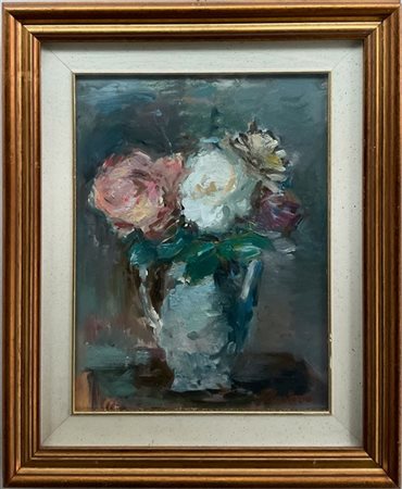 Ezio Pastorio "Vaso con fiori" olio su tela applicata a cartone (cm 40x30) Firma