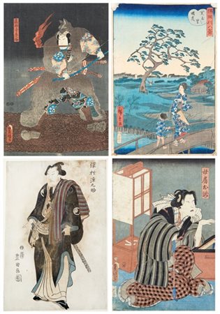 Lotto composto da un oban da polittico di Kunisada, un oban da una serie di Hir