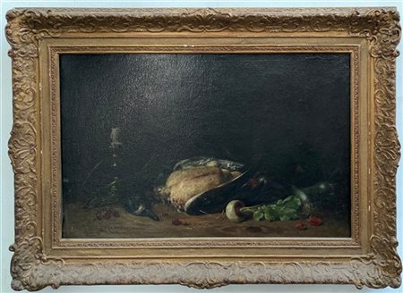 Ignazio Manzoni "Composizione con anatra, ortaggi e lamponi" olio su tela (cm 50