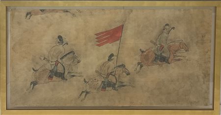Parte di dipinto su carta raffigurante cavalieri
, in cornice
Cina, secolo XX
