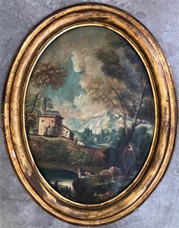 Ignoto, dipinto ad olio su tela ovale raffigurante un paesaggio, cm 58x43, in c