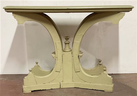 Antico tavolo consolle rettangolare in legno laccato, con gambe sagomate e deco
