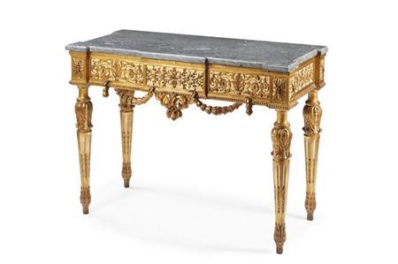 Tavolo da parete in legno intagliato e dorato a volute fogliate e grembiale tra