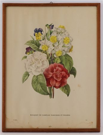 Cinque stampe a soggetto floreale unite a un gruppo di ritratti senza cornice (