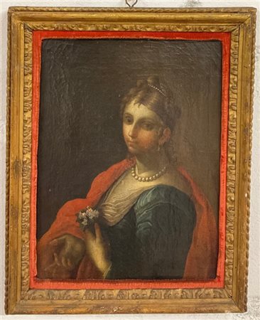 Scuola del secolo XVIII, Ritratto di gentildonna con fiori e collana di perle,