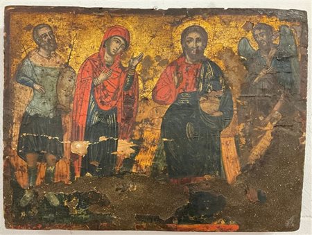 Antica icona a tempera su tavola con fondo oro raffigurante Salvator Mundi e Sa