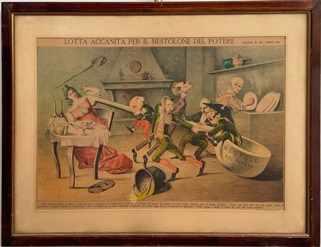 Coppia di litografie a colori tratte da "Rana" periodico satirico Italiano 1865