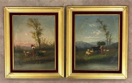 Raimondo Scoppa Coppia di dipinti ad olio su tela raffiguranti "Scene di vita co