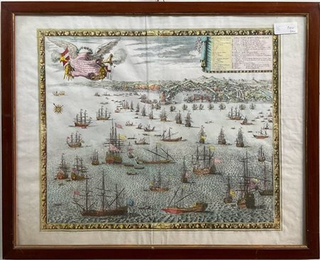 Incisione francese acquerellata raffigurante l'assedio della fòlotta francese a