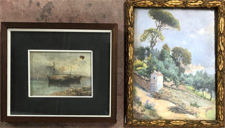 Lotto di due dipinti ad olio su cartone raffiguranti "Paesaggi", di diverse mis