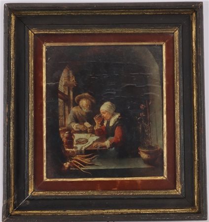 Stampa policroma applicata su tavola raffigurante scena di interno
cm 30x27
In