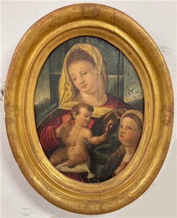 Ignoto, antico dipinto a olio su tavola ovale raffigurante Madonna con Bambino