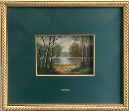 Ignoto del XX secolo

"Paesaggio fluviale con figure" 
olio su compensato (cm 1