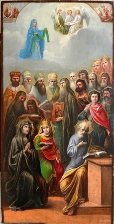 Arte russa, secolo XIX. Icona della protezione della Madre di Dio, tempera su t