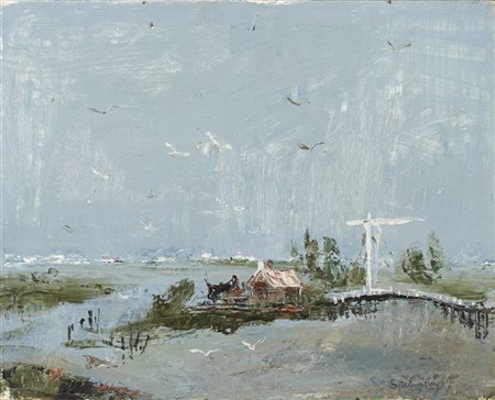 Adriano Spilimbergo "Volendam" 
olio su faesite (cm 33x41)
Firmato in basso a de