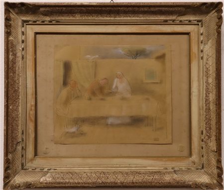 Orlando Sora (Attr.) "Scena dinterno" tecnica mista su carta (cm 31x36) timbro