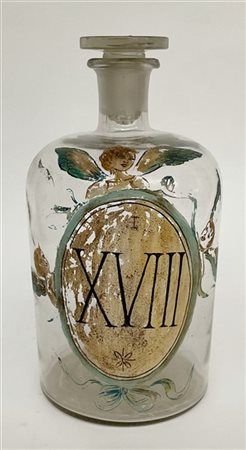 Antica bottiglia con tappo da farmacia in vetro soffiato e decorato in policrom