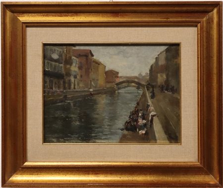 Firma indecifrata, "Lavandaie al Naviglio", olio su tavoletta (cm 27x37) Firmat