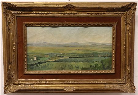 Ignoto di inizio XX secolo, "Paesaggio", olio su tela applicata su cartone (cm