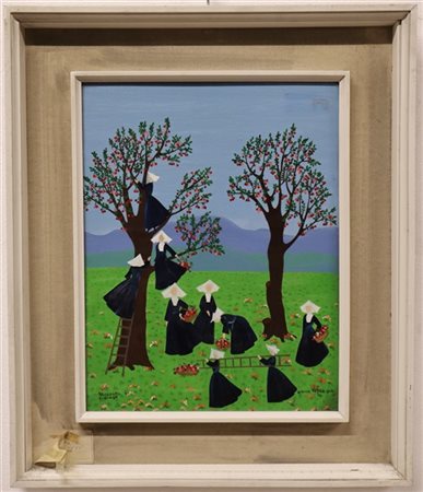 Gianna Pedraglio Raccolta di ciliegie olio su cartone telato (cm 44x34) firmat