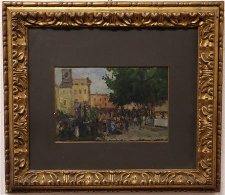 Gaetano Bocchetti "Sagra popolare", olio su cartone (cm 16x24) Firmato in baso a